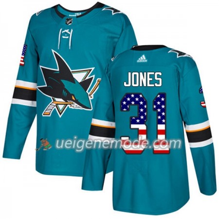 Herren Eishockey San Jose Sharks Trikot Martin Jones 31 Adidas 2017-2018 Teal USA Flag Fashion Authentic